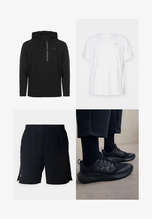Musta vetoketjulla varustettu huppari, joka on valmistettu pehmeästä ja kevyestä materiaalista. Varustettu heijastavalla "UNDER ARMOUR" -logolla ja sileällä pinnalla.; Valkoinen lyhythihainen urheilupaita, joka on valmistettu sileästä kankaasta. Paidassa on pyöreä kaula-aukko ja harmaa logo vasemmassa rinnassa, sekä sivuhalkiot helmassa.; Mustat urheilushortsit, jotka on valmistettu kevyestä kankaasta. Niissä on joustava vyötärö, jossa on nauha, sekä sivuverkko-paneelit tuuletusta varten.; Henkilö, joka käyttää mustia urheilukenkiä, joissa on teksturoitu sivu ja logo, yhdistettynä mustiin sukkiin ja lyhyisiin housuihin vaalealla lattialla.