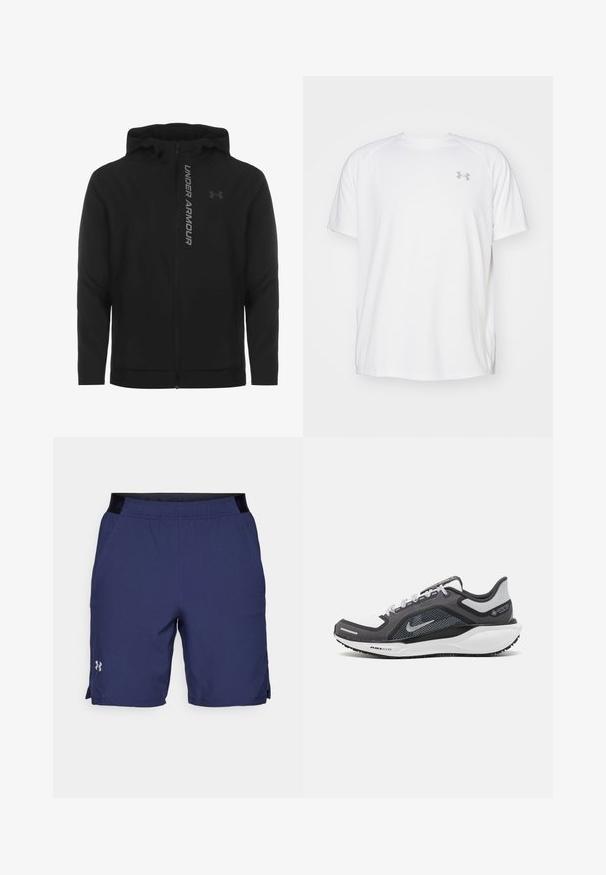 Must must erineva kapuutsiga jakk, mis on valmistatud pehmest ja kergest materjalist. Omab peegeldavat "UNDER ARMOUR" logo ja sujuvat tekstuuri.; Valge lühikeste varrukate ja sportliku lõikega särk, millel on sile kangas. Omab ümarat kaelust ja halli logo vasakul rinnal, ning külgsuured lõhik kui lõhateel.; Tumedad spordilühikesed püksid, mis on valmistatud kerge kangaga. Omavad elastset vööd musta ribaga, taskuid ja väikest logo vasakul küljel.; Mustern ja hallide värvusega spordijalats, millel on võrgusilmast ülemine osa, peegeldavad aktsendid ja valge vaheosa. Omab tekstuuriga kummist välisosa ja kingapaelu.