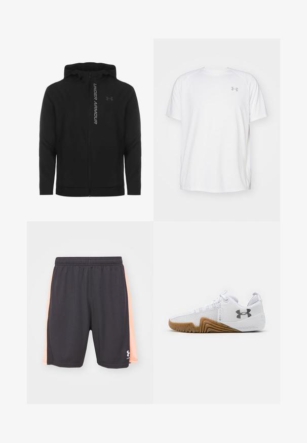 Melnā ar rāvējslēdzēju aizverama kapučjaka, kas izgatavota no mīksta, viegla materiāla. Tam ir atstarojošs "UNDER ARMOUR" logotips un gluda virsma.; Baltas īsajiem piedurknēm sporta krekls, izgatavots no gludas auduma. Tam ir apaļa kakla izgriezums un pelēks logo uz kreisās krūtis, kā arī sānu šķēlumi apakšmalā.; Melni sporta šorti ar persiku krāsas sānu paneļiem un elastīgu jostu, ar baltu Under Armour logo apakšējā kreisajā kājā.; Balti sporta apavi ar sietu augšdaļu, gumijas zoli ar gumijas krāsu, teksturētām akcentiem un melnu logo sānos.