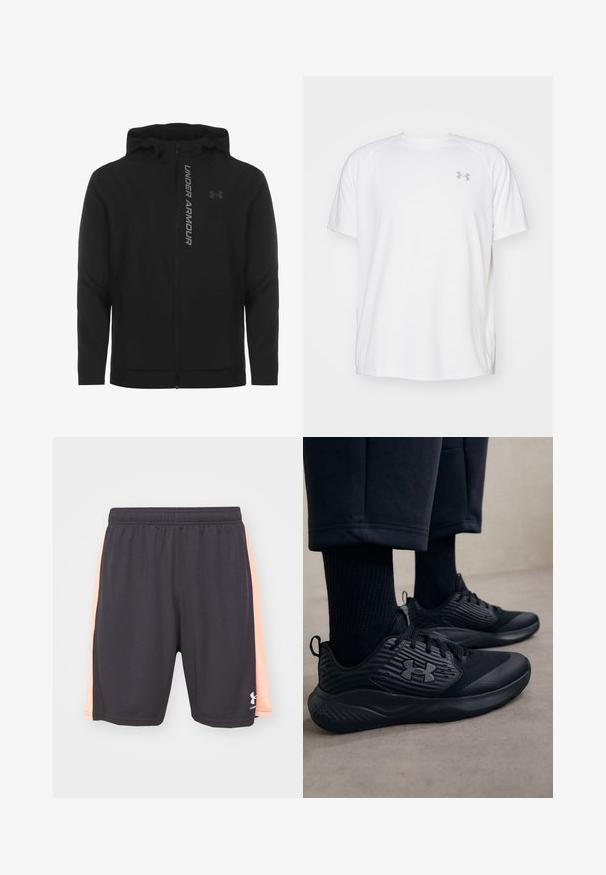 Must must erineva kapuutsiga jakk, mis on valmistatud pehmest ja kergest materjalist. Omab peegeldavat "UNDER ARMOUR" logo ja sujuvat tekstuuri.; Valge lühikeste varrukate ja sportliku lõikega särk, millel on sile kangas. Omab ümarat kaelust ja halli logo vasakul rinnal, ning külgsuured lõhik kui lõhateel.; Mustad mustad lühikesed püksid virsiku värvi külgpaneelidega ja elastse vöökohaga, millel on valge Under Armouri logo vasakul all sääreosal.; Isik, kes kannab musti spordijalatsid, millel on tekstuurilised küljed ja logo, koos mustade sokkide ja lühikeste pükstega heledal põrandal.