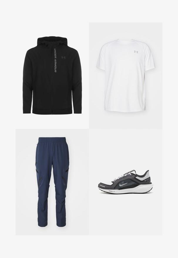 Melnā ar rāvējslēdzēju aizverama kapučjaka, kas izgatavota no mīksta, viegla materiāla. Tam ir atstarojošs "UNDER ARMOUR" logotips un gluda virsma.; Baltas īsajiem piedurknēm sporta krekls, izgatavots no gludas auduma. Tam ir apaļa kakla izgriezums un pelēks logo uz kreisās krūtis, kā arī sānu šķēlumi apakšmalā.; Tumši zilas sporta bikses ar elastīgu jostasvietu, ar rāvējslēdzēja sānu kabatām un melniem akcentiem apakšējās daļās. Gluda, viegla auduma.; Melnas un pelēkas sporta kurpes ar tīklu augšdaļu, atstarojošiem akcentiem un baltu starpzoli. Aprīkotas ar teksturētu gumijas zoli un šņorēm.