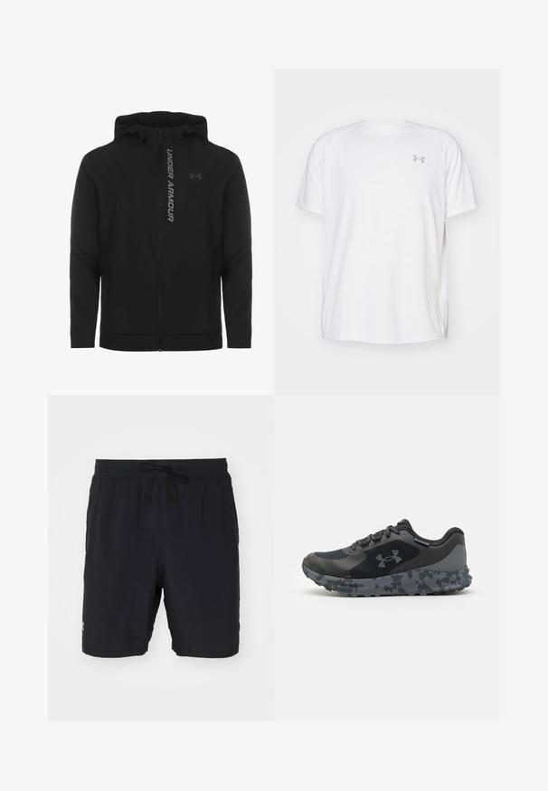 Schwarze, leichte Kapuzenjacke mit Reißverschluss aus weichem Material. Ausgestattet mit reflektierendem "UNDER ARMOUR"-Logo und einer glatten Struktur.; Weißes kurzärmeliges Sportshirt aus glattem Material. Mit Rundhalsausschnitt und grauem Logo auf der linken Brust, sowie seitlichen Schlitzen am Saum.; Schwarze Badehose aus leichtem Material, mit elastischem Bund und Kordelzug, Seitentaschen und einem dezenten Logodetail.; Schwarzer Sportschuh mit strukturiertem Obermaterial, grauem Camouflage-Muster an der Sohle und flachen Schnürsenkeln. Mit dem Under Armour-Logo an der Seite.