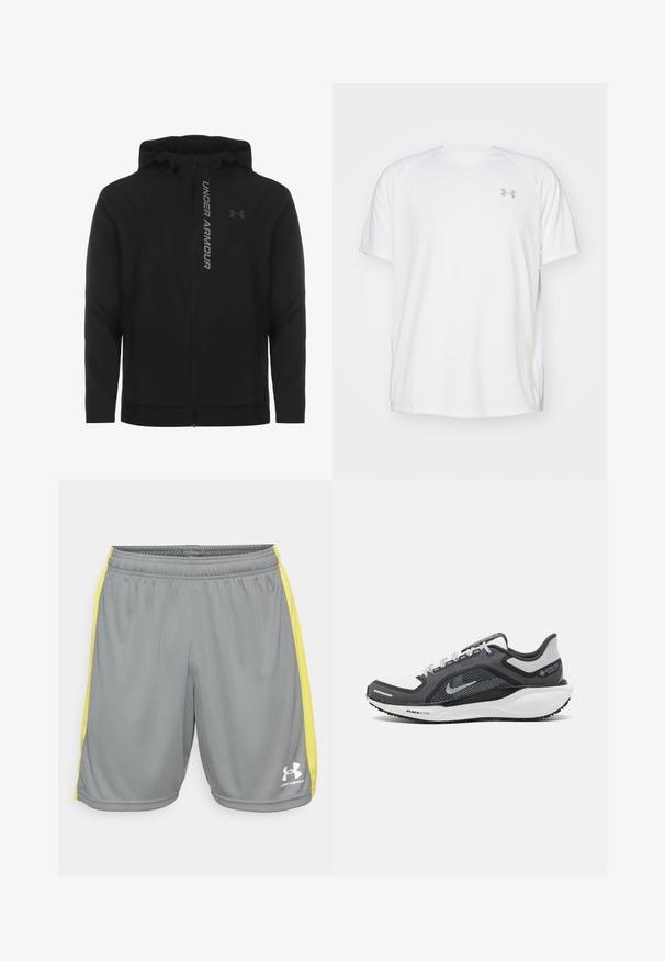 Must must erineva kapuutsiga jakk, mis on valmistatud pehmest ja kergest materjalist. Omab peegeldavat "UNDER ARMOUR" logo ja sujuvat tekstuuri.; Valge lühikeste varrukate ja sportliku lõikega särk, millel on sile kangas. Omab ümarat kaelust ja halli logo vasakul rinnal, ning külgsuured lõhik kui lõhateel.; Hallitus jahtimine lühikesed püksid kollaste külgtriipudega ja elastse vöökohtadega, millel on valge Under Armouri logo paremal alajalgadel.; Mustern ja hallide värvusega spordijalats, millel on võrgusilmast ülemine osa, peegeldavad aktsendid ja valge vaheosa. Omab tekstuuriga kummist välisosa ja kingapaelu.