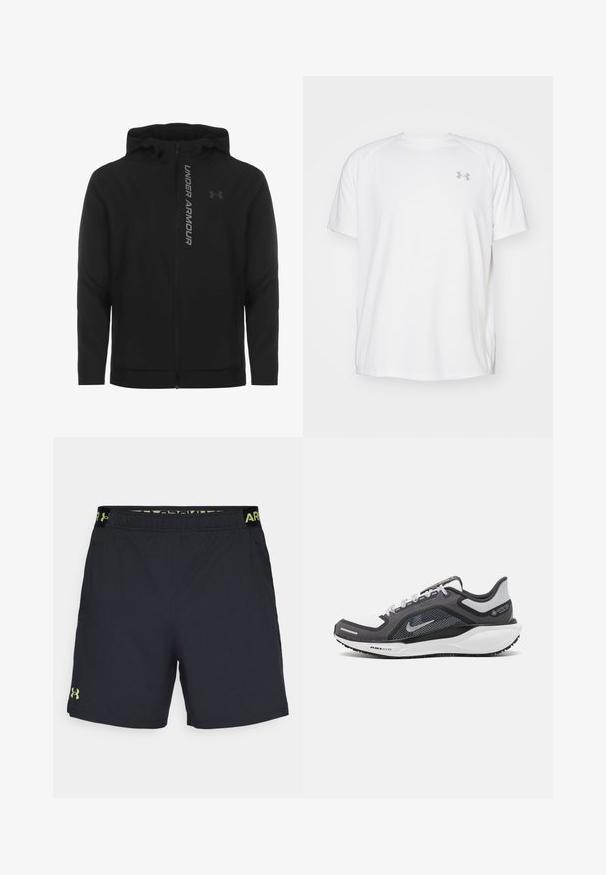 Must must erineva kapuutsiga jakk, mis on valmistatud pehmest ja kergest materjalist. Omab peegeldavat "UNDER ARMOUR" logo ja sujuvat tekstuuri.; Valge lühikeste varrukate ja sportliku lõikega särk, millel on sile kangas. Omab ümarat kaelust ja halli logo vasakul rinnal, ning külgsuured lõhik kui lõhateel.; Under Armour VANISH SHORTS - Spordišortsid - black/morph green; Mustern ja hallide värvusega spordijalats, millel on võrgusilmast ülemine osa, peegeldavad aktsendid ja valge vaheosa. Omab tekstuuriga kummist välisosa ja kingapaelu.