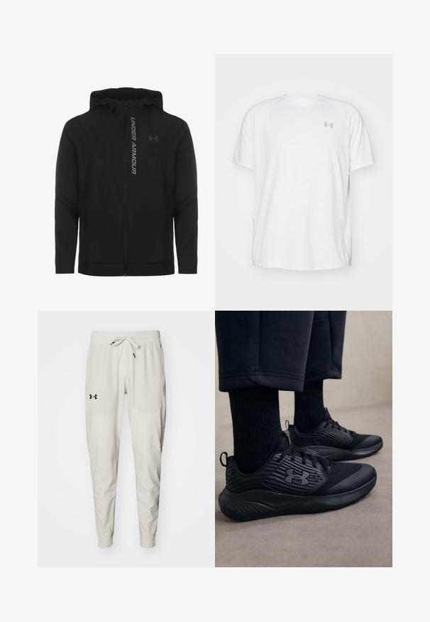 Melnā ar rāvējslēdzēju aizverama kapučjaka, kas izgatavota no mīksta, viegla materiāla. Tam ir atstarojošs "UNDER ARMOUR" logotips un gluda virsma.; Baltas īsajiem piedurknēm sporta krekls, izgatavots no gludas auduma. Tam ir apaļa kakla izgriezums un pelēks logo uz kreisās krūtis, kā arī sānu šķēlumi apakšmalā.; Under Armour ZONE WOVEN - Treniņtērpa apakšdaļas - white clay; Persona, kurš valkā melnus sporta apavus ar teksturētām sāniem un logo, kombinēti ar melnām zeķēm un īsām biksēm uz gaišas grīdas.