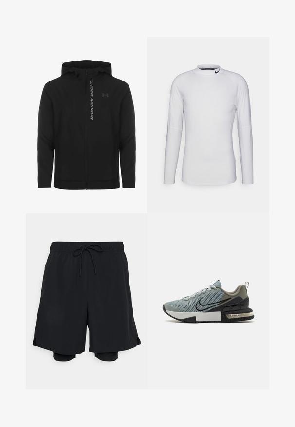 Melnā ar rāvējslēdzēju aizverama kapučjaka, kas izgatavota no mīksta, viegla materiāla. Tam ir atstarojošs "UNDER ARMOUR" logotips un gluda virsma.; Garā piedurkņu balta sporta krekls, kas izgatavots no gludas, elastīgas auduma. Tam ir augsta apkakle un melns Nike logos uz apkakles.; Melnas sporta šortus, kas izgatavoti no viegla auduma, ar elastīgu jostasvietu un auklu, kā arī pieguļošiem iekšējiem šortiem.; Atsperes sporta apavi gaismas zilā krāsā ar melniem akcentiem, teksturēts augšpuse, noapaļota pirksta daļa, auklas un gaisa amortizācija papēžā. Gumijas zole.