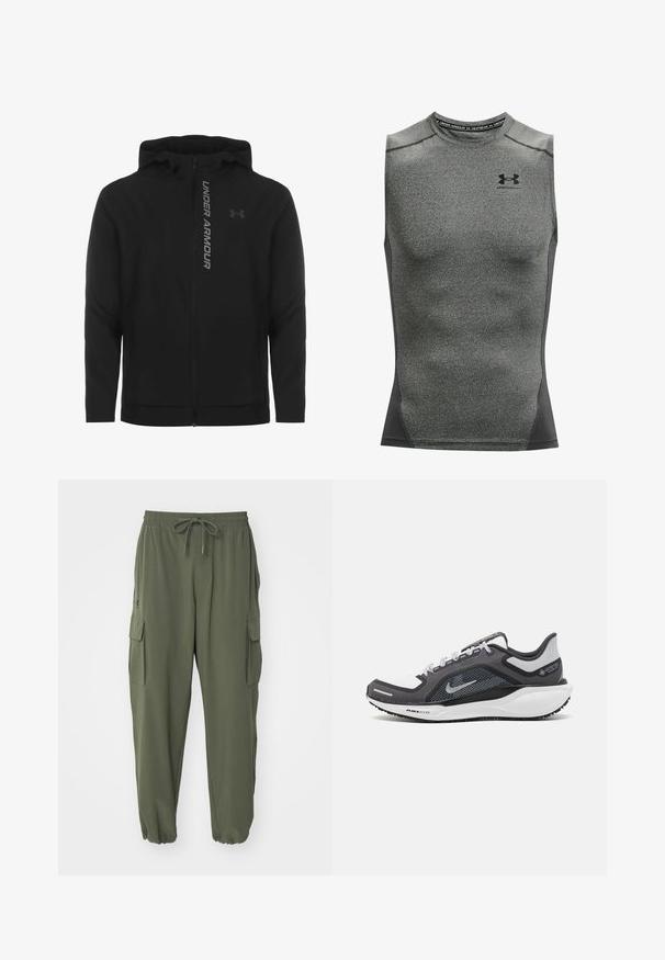 Juodas zip-up gobtuvu džemperis, pagamintas iš minkštos, lengvos medžiagos. Yra atspindintis "UNDER ARMOUR" logotipas ir glotni tekstūra.; Vyriškas be rankovių sportinis marškinėlis, pagamintas iš tamsiai pilkos drėgmės sulaikančios medžiagos, turi apvalų iškirpimą ir Under Armour logotipą ant krūtinės.; Tamsiai žali cargo kelnės, pagamintos iš minkštos medžiagos, su elastingu juosmeniu, raišteliu ir keliais šoniniais kišenėmis. Apačia susiaurinta.; Juodas ir pilkas sportinis batelis su tinkleliu viršuje, atspindinčiais akcentais ir balta vidurinė dalimi. Yra tekstūruota guminė išorinė pada ir raišteliai.
