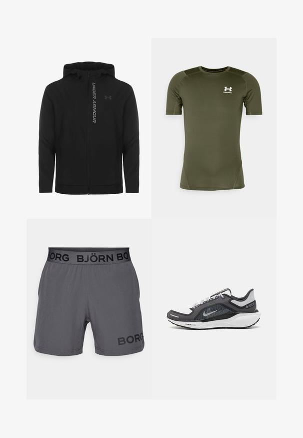 Melnā ar rāvējslēdzēju aizverama kapučjaka, kas izgatavota no mīksta, viegla materiāla. Tam ir atstarojošs "UNDER ARMOUR" logotips un gluda virsma.; Olive zaļš īsais piedurkņu sporta krekls, kas izgatavots no gludas, elastīgas auduma. Ar baltu Under Armour simbolu uz krūšu daļas un gaišām šuvēm.; Pelēki sporta šorti ar melnu elastīgu jostu, uz kuras sānos ir melnā krāsā izdrukāts "BJÖRN BORG" un "BORG". Gluda tekstūra.; Melnas un pelēkas sporta kurpes ar tīklu augšdaļu, atstarojošiem akcentiem un baltu starpzoli. Aprīkotas ar teksturētu gumijas zoli un šņorēm.