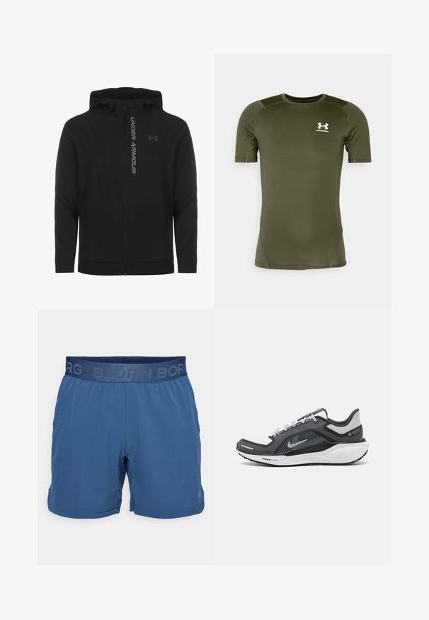 Must must erineva kapuutsiga jakk, mis on valmistatud pehmest ja kergest materjalist. Omab peegeldavat "UNDER ARMOUR" logo ja sujuvat tekstuuri.; Olive rohelise värvi lühikeste varrukatega spordipait, mis on valmistatud siledast ja venivast kangast. Esiküljel on valge Under Armouri logo ning lamedad õmblused.; Sinised sportlikud lühikesed püksid, mis on valmistatud siledast ja kergekaalulisest kangast. Omab elastset vööd, millel on tumedamas sinises "BJÖRN BORG" logo.; Mustern ja hallide värvusega spordijalats, millel on võrgusilmast ülemine osa, peegeldavad aktsendid ja valge vaheosa. Omab tekstuuriga kummist välisosa ja kingapaelu.