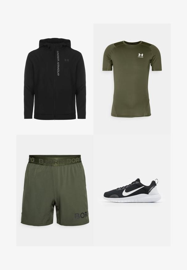 Chaqueta con capucha y cremallera negra hecha de material suave y ligero. Presenta un logotipo reflectante de "UNDER ARMOUR" y una textura lisa.; Camiseta atlética de manga corta en verde oliva, fabricada con tejido suave y elástico. Presenta un logo blanco de Under Armour en el pecho y costuras planas.; Pantalones cortos deportivos de color verde oscuro con una cintura elástica que luce el texto negro "BJÖRN BORG" y una textura de tela suave y ligera.; Zapatilla deportiva negra con parte superior de malla, logo de swoosh de Nike en blanco, acentos texturizados y suela de goma blanca. Cuenta con una tira en el talón.