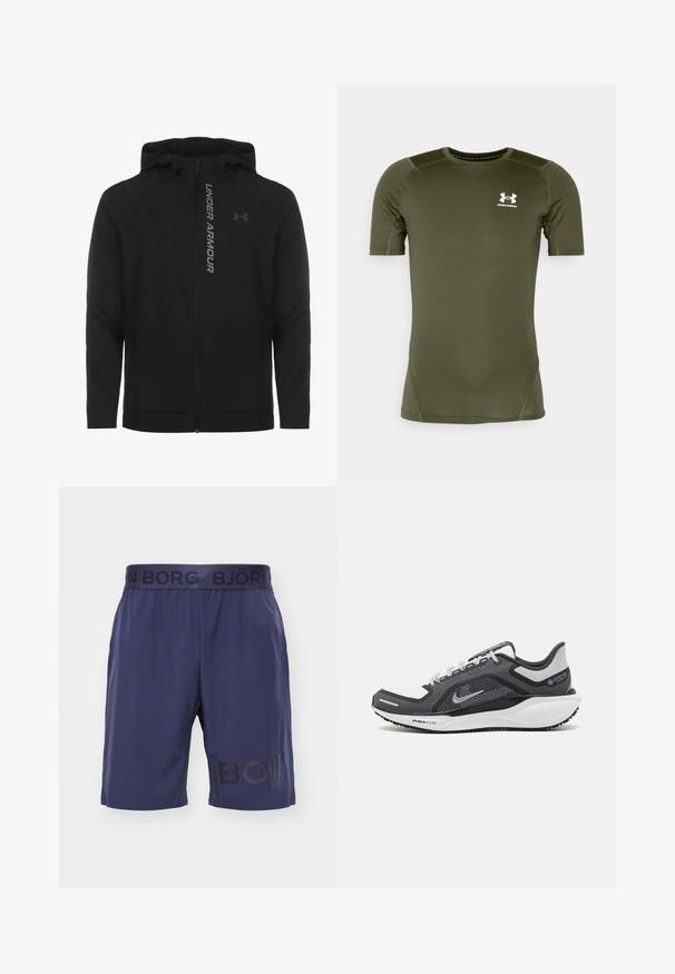 Svart zip-up huva jacka gjord av mjukt, lätt material. Har reflektiv "UNDER ARMOUR"-logotyp och en slät textur.; Olivgrön kortärmad träningströja i mjukt, elastiskt tyg. Har en vit Under Armour-logga på bröstet och platta sömmar.; Björn Borg SHORTS - Träningsshorts - odyssey gray; Svart och grå atletisk sko med ovandel i mesh, reflexdetaljer och en vit mellansula. Har en strukturerad gummisula och skosnören.