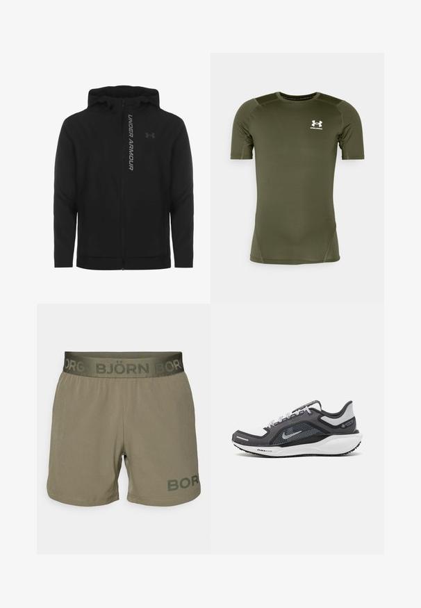 Juodas zip-up gobtuvu džemperis, pagamintas iš minkštos, lengvos medžiagos. Yra atspindintis "UNDER ARMOUR" logotipas ir glotni tekstūra.; Alyvuogių žalios spalvos trumpomis rankovėmis sportinė marškinė, pagaminta iš lygios, tamprios medžiagos. Ant krūtinės yra baltas "Under Armour" logotipas ir plokščiomis siūlėmis.; Vyrų šortai oliivinės spalvos audinio su elastinga juosmeniu, kuriame yra "BJÖRN BOR" logotipas. Lygus paviršius, iki vidurio šlaunies ilgio, siuvinėtos apvado detalės.; Juodas ir pilkas sportinis batelis su tinkleliu viršuje, atspindinčiais akcentais ir balta vidurinė dalimi. Yra tekstūruota guminė išorinė pada ir raišteliai.