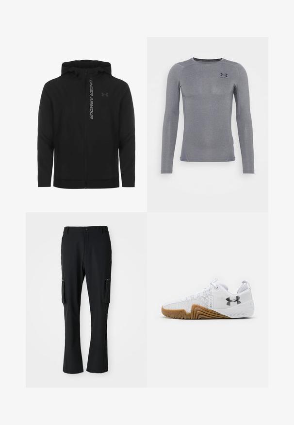 Black zip-up hooded jacket made of soft, lightweight material. Features reflective "UNDER ARMOUR" logo and a smooth texture.; Long-sleeve athletic top in dark gray, made of a smooth, stretchy fabric with subtle sheen and flatlock seams; features small logo on chest.; Black cargo pants made of lightweight fabric, featuring two side pockets, button closure, and a straight leg design.; White athletic shoes featuring a mesh upper, rubber outsole with a gum color, textured accents, and a black logo on the side.