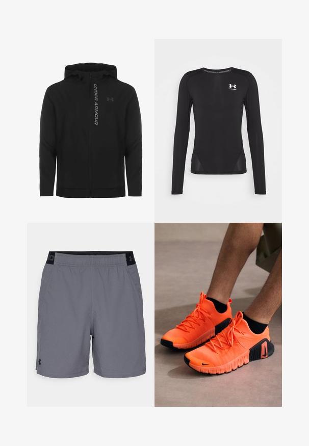 Černá zipová mikina s kapucí vyrobená z měkkého, lehkého materiálu. Obsahuje odrazový logo "UNDER ARMOUR" a hladkou texturu.; Černé dlouhé sportovní tričko s dlouhým rukávem vyrobené z hladkého, lehkého materiálu. Má přiléhavý střih a síťované boční panely. Logo Under Armour na hrudi.; Šedé sportovní šortky vyrobené z lehkého materiálu, s elastickým pasem a černými akcenty a bočními kapsami. Jednoduchý design bez vzorů.; Oranžové sportovní boty s texturovaným svrškem, černou gumovou podrážkou a šňůrkami. Na straně se nachází logo Nike a mají elegantní design.