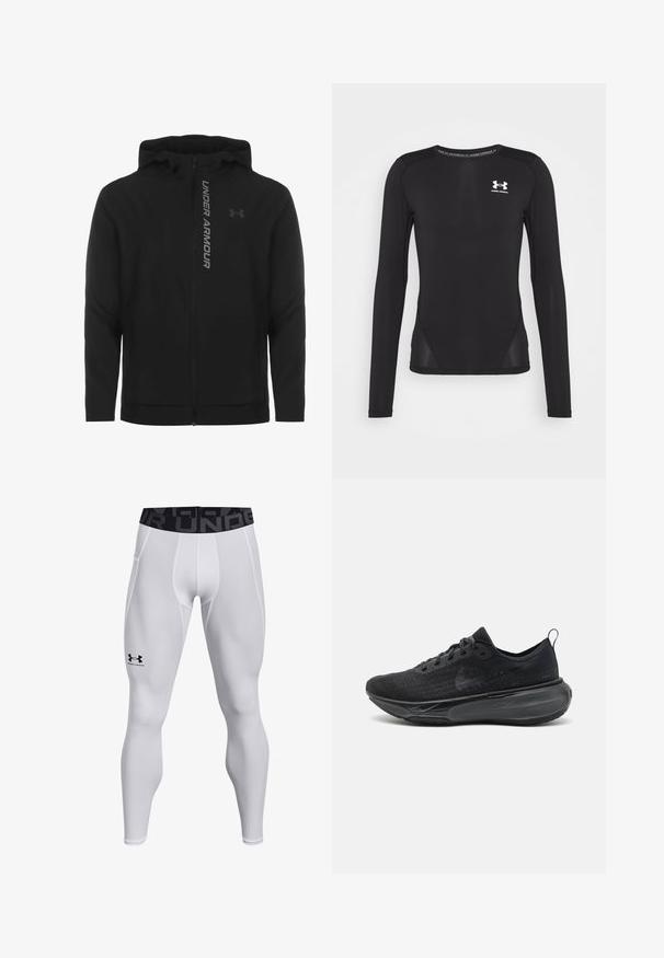 Musta vetoketjulla varustettu huppari, joka on valmistettu pehmeästä ja kevyestä materiaalista. Varustettu heijastavalla "UNDER ARMOUR" -logolla ja sileällä pinnalla.; Mustapaitainen pitkähihainen urheilu-paita, joka on valmistettu sileästä, kevyestä kankaasta. Sen muotoilu on vartalonmyötäinen ja siinä on verkkosivupaneelit. Rinnan kohdalla on Under Armourin logo.; Valkoiset urheilulegginsit, joissa on tiukka muotoilu, joustava vyötärö mustalla logolla ja sileä pinta. Sopivat aktiiviseen käyttöön.; Mustat lenkkarit, joissa on teksturoidusta kankaasta valmistettu päällinen, litteät nauhat ja paksu pehmustettu pohja. Varressa on lenkki helppoa pukemista varten.
