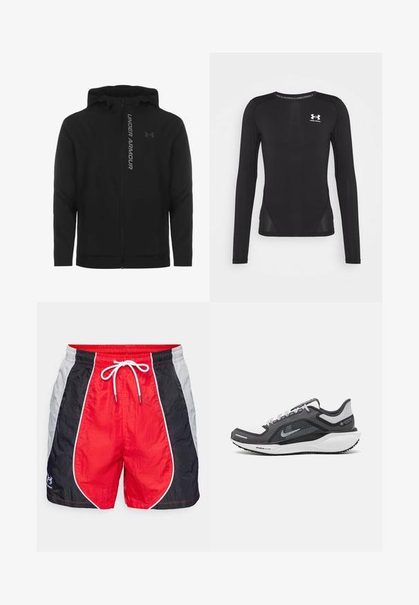 Must must erineva kapuutsiga jakk, mis on valmistatud pehmest ja kergest materjalist. Omab peegeldavat "UNDER ARMOUR" logo ja sujuvat tekstuuri.; Must 黑色紧身运动长袖衫,由光滑、轻便的面料制成。具有合身设计和网眼侧边面板。胸前有Under Armour标志。; Punased ujumispüksid, millel on mustad ja hallid külgpaneelid, valge nöör ja kerge kangas, ning kontrastsed õmblused.; Mustern ja hallide värvusega spordijalats, millel on võrgusilmast ülemine osa, peegeldavad aktsendid ja valge vaheosa. Omab tekstuuriga kummist välisosa ja kingapaelu.