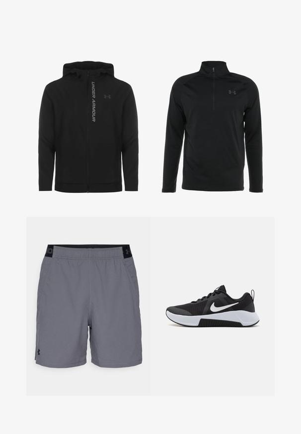 Must must erineva kapuutsiga jakk, mis on valmistatud pehmest ja kergest materjalist. Omab peegeldavat "UNDER ARMOUR" logo ja sujuvat tekstuuri.; Must musta varrukatega pullover, millel on poole tõmblukuga kaelus, valmistatud siledast ja venivast kangast, millel on rindkere peene logo.; Hallide hallid sportlikud lühikesed püksid kerge materjaliga, millel on elastne vöökohus mustade aktsentidega ja küljetaskud. Lihtne disain ilma mustriteta.; Mustavad spordijalatsid tekstuuriga võrgupealse, valged aktsendid ja sulandusdisain. Omab kummist talda ja polsterdatud kaela.