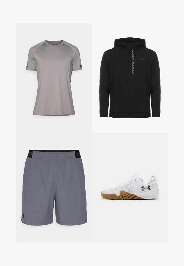 Black zip-up hooded jacket made of soft, lightweight material. Features reflective "UNDER ARMOUR" logo and a smooth texture.; Grey short-sleeve t-shirt with a crew neck, made from smooth, lightweight fabric. Features a logo on the left sleeve.; Gray athletic shorts made of lightweight fabric, featuring an elastic waistband with black accents and side pockets. Simple design with no patterns.; White athletic shoes featuring a mesh upper, rubber outsole with a gum color, textured accents, and a black logo on the side.