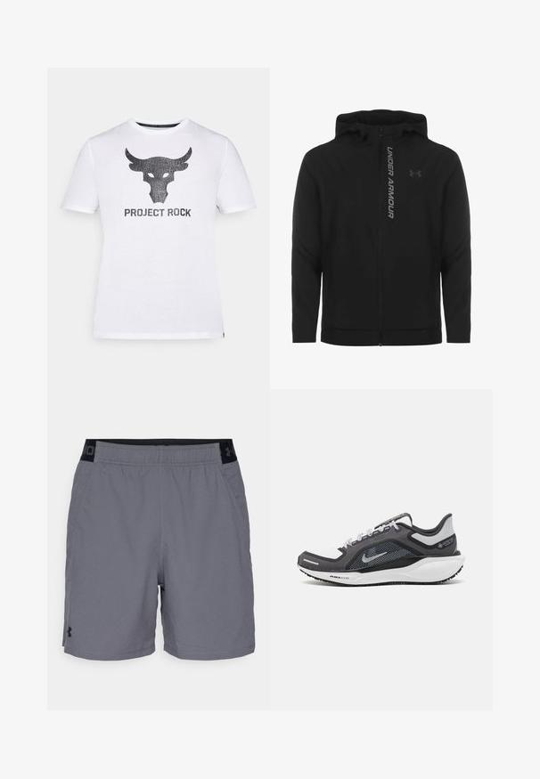 Must must erineva kapuutsiga jakk, mis on valmistatud pehmest ja kergest materjalist. Omab peegeldavat "UNDER ARMOUR" logo ja sujuvat tekstuuri.; Valge puuvillane T-särk, millel on keskel must pulli logo ja „PROJECT ROCK“ tekst kulunud fontiga. Lühikesed varrukad ja ümar kaelus.; Hallide hallid sportlikud lühikesed püksid kerge materjaliga, millel on elastne vöökohus mustade aktsentidega ja küljetaskud. Lihtne disain ilma mustriteta.; Mustern ja hallide värvusega spordijalats, millel on võrgusilmast ülemine osa, peegeldavad aktsendid ja valge vaheosa. Omab tekstuuriga kummist välisosa ja kingapaelu.