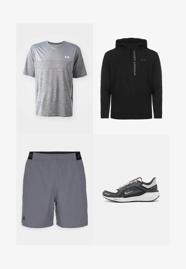 Musta vetoketjulla varustettu huppari, joka on valmistettu pehmeästä ja kevyestä materiaalista. Varustettu heijastavalla "UNDER ARMOUR" -logolla ja sileällä pinnalla.; Harmaa urheilupaita, joka on valmistettu hengittävästä kankaasta. Sisältää sileän yläpaneelin, teksturoidun alaosan ja Under Armour -logon rinnassa.; Harmaat urheilu shortsit kevyestä kankaasta, joissa on joustava vyötärö mustilla yksityiskohdilla ja sivutaskut. Yksinkertainen muotoilu ilman kuvioita.; Musta ja harmaa urheilukenka, jossa on verkkopäällinen, heijastavat yksityiskohdat ja valkoinen välipohja. Varustettu kuvioidulla kumipohjalla ja nauhoilla.