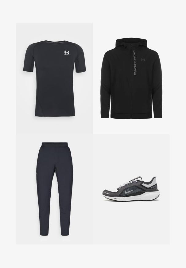 Musta vetoketjulla varustettu huppari, joka on valmistettu pehmeästä ja kevyestä materiaalista. Varustettu heijastavalla "UNDER ARMOUR" -logolla ja sileällä pinnalla.; Musta lyhythihainen urheilupaita, joka on valmistettu kosteutta siirtävästä, joustavasta kankaasta. Paidassa on pyöreä pääntie ja pieni valkoinen logo rinnassa.; Mustat urheiluhousut, joissa on sileä pinta, kapea malli, joustava vyötäkuja ja sivutaskut. Vasemmassa reisissä on pieni logo.; Musta ja harmaa urheilukenka, jossa on verkkopäällinen, heijastavat yksityiskohdat ja valkoinen välipohja. Varustettu kuvioidulla kumipohjalla ja nauhoilla.