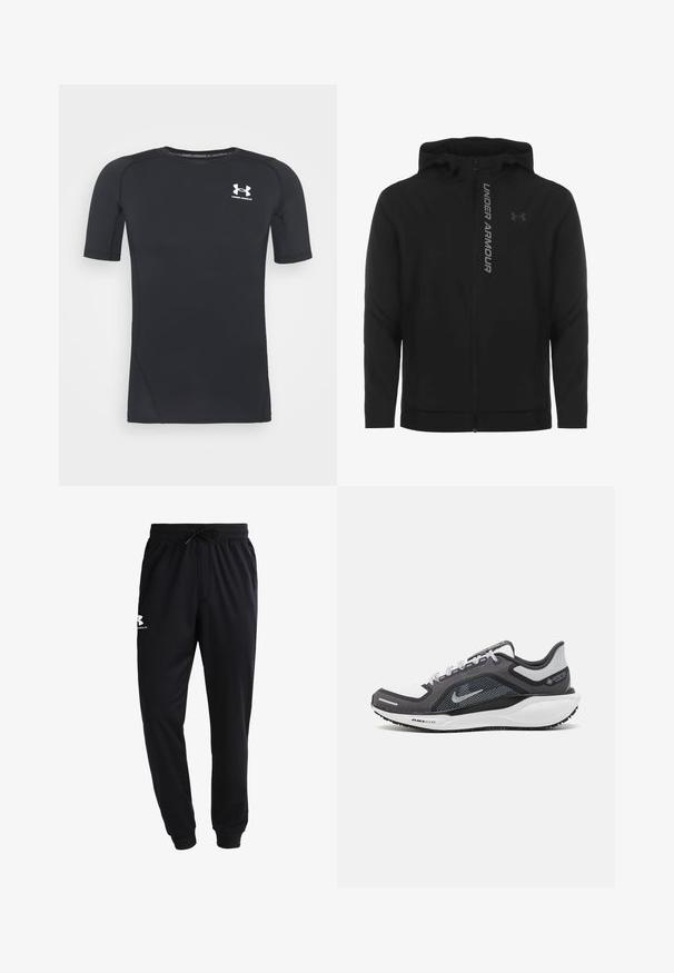 Chaqueta con capucha y cremallera negra hecha de material suave y ligero. Presenta un logotipo reflectante de "UNDER ARMOUR" y una textura lisa.; Camiseta atlética negra de manga corta hecha de un tejido que absorbe la humedad y es elástico. Cuenta con un cuello redondo y un pequeño logo blanco en el pecho.; Pantalones de chándal negros confeccionados en una mezcla de algodón; cinturilla elástica con cordón, pierna ajustada y logo blanco en el muslo izquierdo. Textura suave.; Zapatilla deportiva negro y gris con parte superior de malla, acentos reflectantes y una entresuela blanca. Presenta una suela de goma texturizada y cordones.