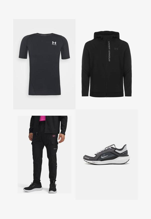 Must must erineva kapuutsiga jakk, mis on valmistatud pehmest ja kergest materjalist. Omab peegeldavat "UNDER ARMOUR" logo ja sujuvat tekstuuri.; Must musta-särk lühikeste varrukatega, valmistatud niiskust eemaldavast, elastsetest kangast. Ümar kaelus ja väikene valge logo rinnal.; Mustad mustad püksid elastsete pükstega, mitu taskut ja roosa Under Armouri logo reie peal. Kandsid koos mustade spordijalatsitega.; Mustern ja hallide värvusega spordijalats, millel on võrgusilmast ülemine osa, peegeldavad aktsendid ja valge vaheosa. Omab tekstuuriga kummist välisosa ja kingapaelu.