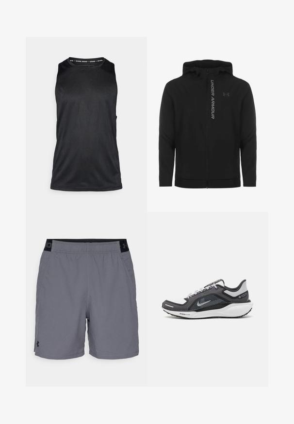 Black zip-up hooded jacket made of soft, lightweight material. Features reflective "UNDER ARMOUR" logo and a smooth texture.; Black sleeveless athletic tank top, made of smooth, lightweight fabric, featuring a crew neckline and minimalist design without embellishments.; Gray athletic shorts made of lightweight fabric, featuring an elastic waistband with black accents and side pockets. Simple design with no patterns.; Black and gray athletic shoe with a mesh upper, reflective accents, and a white midsole. Features textured rubber outsole and laces.