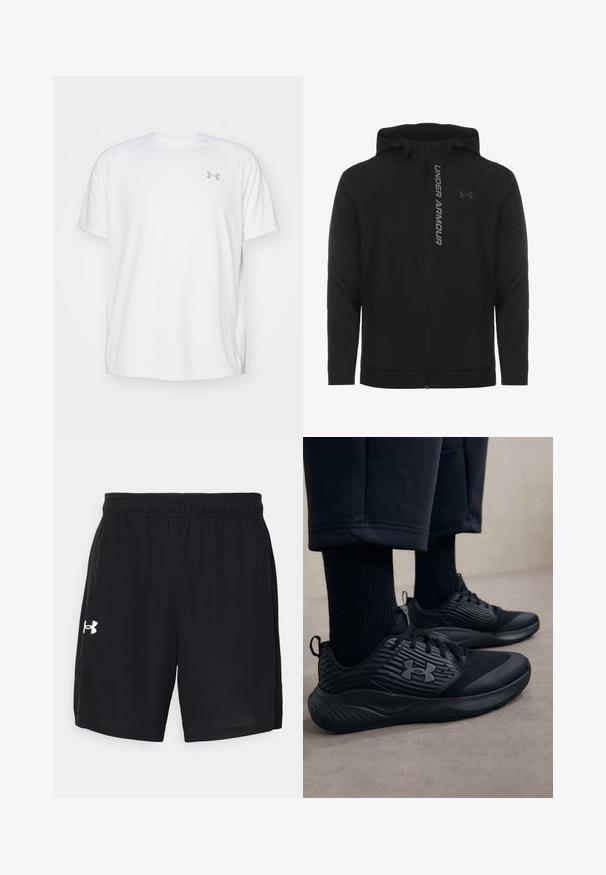 Giacca a zip nera con cappuccio realizzata in materiale morbido e leggero. Presenta il logo riflettente "UNDER ARMOUR" e una texture liscia.; Maglietta da ginnastica bianca a maniche corte realizzata in tessuto liscio. Presenta un colletto rotondo e un logo grigio sul lato sinistro del petto, con fessure laterali all'orlo.; Pantaloni corti sportivi neri realizzati in tessuto leggero, con vita elasticizzata e un logo bianco sul lato sinistro.; Persona che indossa sneakers sportive nere con lati testurizzati e logo, abbinate a calze nere e pantaloni corti su un pavimento chiaro.