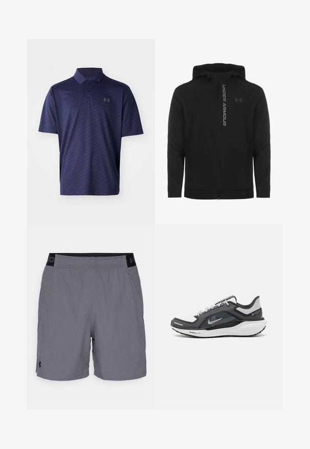 Must must erineva kapuutsiga jakk, mis on valmistatud pehmest ja kergest materjalist. Omab peegeldavat "UNDER ARMOUR" logo ja sujuvat tekstuuri.; Tumedane polo särk, mis on valmistatud hingavast kangast, millel on tekstuuriga geomeetriline muster ja kolm nuppu. Väike logo rinnal.; Hallide hallid sportlikud lühikesed püksid kerge materjaliga, millel on elastne vöökohus mustade aktsentidega ja küljetaskud. Lihtne disain ilma mustriteta.; Mustern ja hallide värvusega spordijalats, millel on võrgusilmast ülemine osa, peegeldavad aktsendid ja valge vaheosa. Omab tekstuuriga kummist välisosa ja kingapaelu.