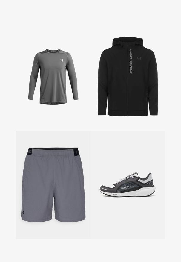 Schwarze, leichte Kapuzenjacke mit Reißverschluss aus weichem Material. Ausgestattet mit reflektierendem "UNDER ARMOUR"-Logo und einer glatten Struktur.; Graues, langärmeliges Sportshirt mit Rundhalsausschnitt, ausgestattet mit Nahtdetails und einem kleinen weißen Logo auf der oberen linken Brust.; Graue Sportshorts aus leichtem Material, mit einem elastischen Bund und schwarzen Akzenten sowie seitlichen Taschen. Einfaches Design ohne Muster.; Schwarzer und grauer Sportschuh mit einem Mesh-Obermaterial, reflektierenden Akzenten und einer weißen Zwischensohle. Verfügt über eine strukturierte Gummisohle und Schnürsenkel.