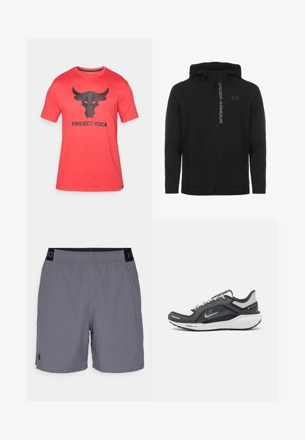 Black zip-up hooded jacket made of soft, lightweight material. Features reflective "UNDER ARMOUR" logo and a smooth texture.; Red short-sleeve t-shirt featuring a distressed black bull skull graphic and "PROJECT ROCK" text beneath. Made from a soft fabric.; Gray athletic shorts made of lightweight fabric, featuring an elastic waistband with black accents and side pockets. Simple design with no patterns.; Black and gray athletic shoe with a mesh upper, reflective accents, and a white midsole. Features textured rubber outsole and laces.