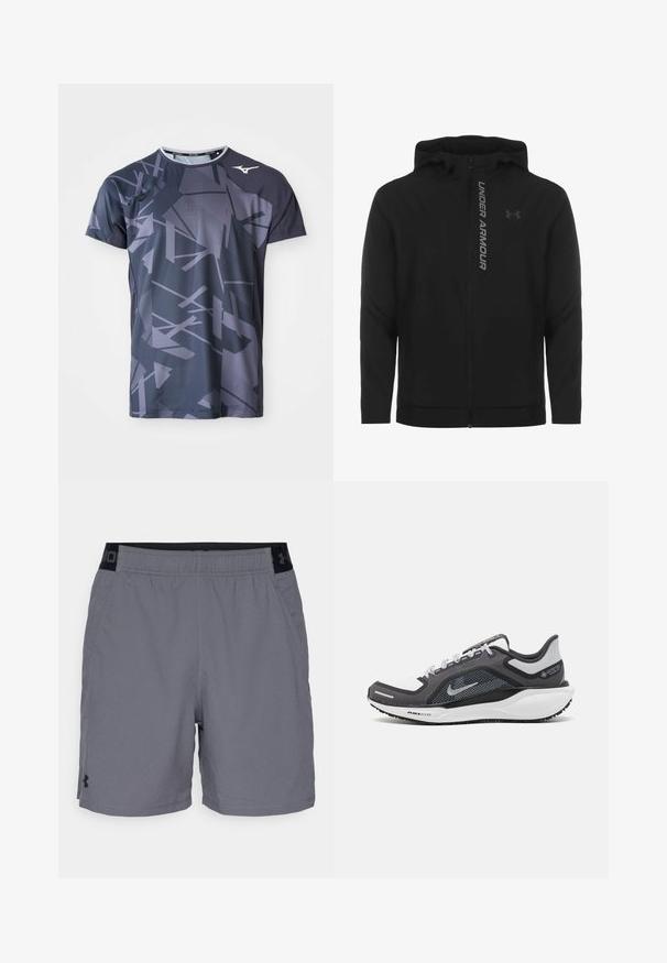 Černá zipová mikina s kapucí vyrobená z měkkého, lehkého materiálu. Obsahuje odrazový logo "UNDER ARMOUR" a hladkou texturu.; Sportovní tričko vyrobené z lehké tkaniny, s tmavě šedým podkladem a abstraktními světle šedými geometrickými vzory, zakončené kulatým výstřihem.; Šedé sportovní šortky vyrobené z lehkého materiálu, s elastickým pasem a černými akcenty a bočními kapsami. Jednoduchý design bez vzorů.; Černá a šedá sportovní obuv s vrškem z prodyšné síťoviny, reflexními akcenty a bílou mezipodešví. Obsahuje texturovanou gumovou podrážku a tkaničky.