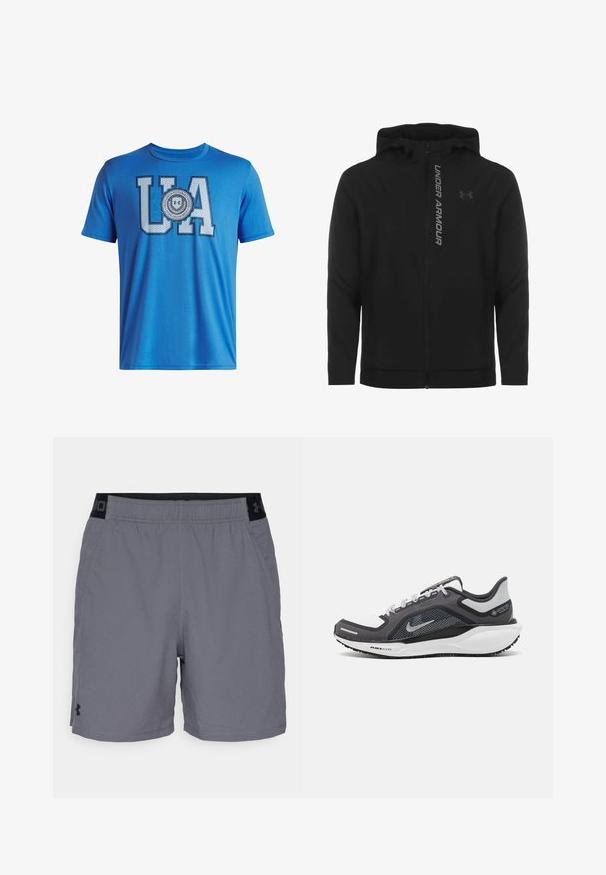Must must erineva kapuutsiga jakk, mis on valmistatud pehmest ja kergest materjalist. Omab peegeldavat "UNDER ARMOUR" logo ja sujuvat tekstuuri.; Sinine puuvillane t-särk, millel on suured "UA" tähised ja ringikujuline märgis selle all. Lühikesed varrukad ja ümmargune kaelus. Sile tekstuur.; Hallide hallid sportlikud lühikesed püksid kerge materjaliga, millel on elastne vöökohus mustade aktsentidega ja küljetaskud. Lihtne disain ilma mustriteta.; Mustern ja hallide värvusega spordijalats, millel on võrgusilmast ülemine osa, peegeldavad aktsendid ja valge vaheosa. Omab tekstuuriga kummist välisosa ja kingapaelu.