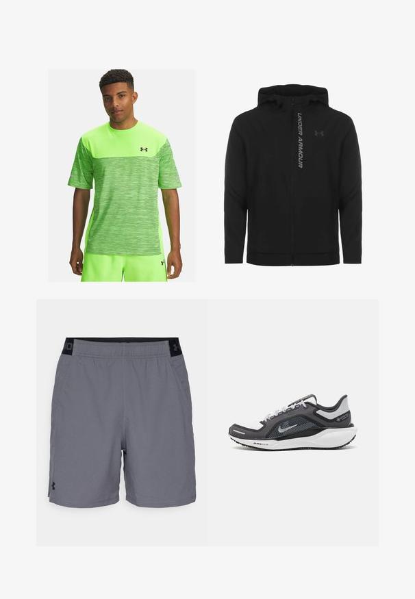 Chaqueta con capucha y cremallera negra hecha de material suave y ligero. Presenta un logotipo reflectante de "UNDER ARMOUR" y una textura lisa.; Camisa deportiva de manga corta de color verde neón con un diseño texturizado y el logo negro de Under Armour en el pecho. Tela ligera y transpirable.; Pantalones cortos deportivos grises hechos de una tela ligera, con una cinturilla elástica con detalles en negro y bolsillos laterales. Diseño simple sin patrones.; Zapatilla deportiva negro y gris con parte superior de malla, acentos reflectantes y una entresuela blanca. Presenta una suela de goma texturizada y cordones.