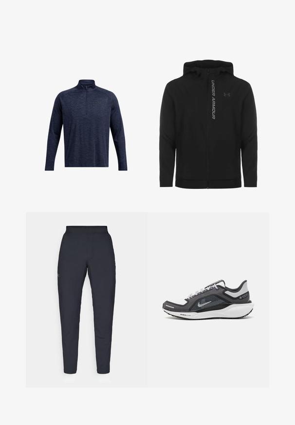Black zip-up hooded jacket made of soft, lightweight material. Features reflective "UNDER ARMOUR" logo and a smooth texture.; Navy quarter-zip long-sleeve pullover with a textured fabric, featuring a black logo on the chest and ribbed collar and cuffs.; Black athletic pants with a smooth texture, slim fit, elastic waistband, and side pockets. Features a small logo on the left thigh.; Black and gray athletic shoe with a mesh upper, reflective accents, and a white midsole. Features textured rubber outsole and laces.