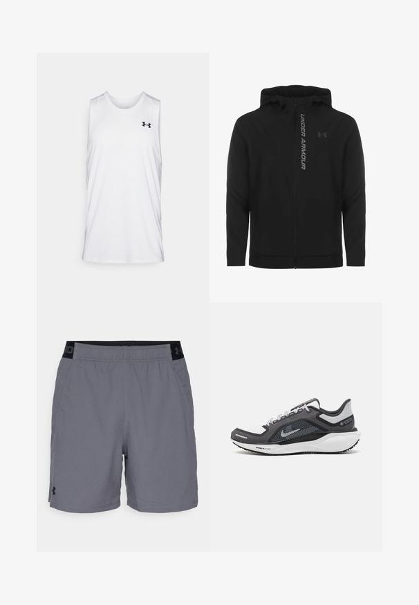 Melnā ar rāvējslēdzēju aizverama kapučjaka, kas izgatavota no mīksta, viegla materiāla. Tam ir atstarojošs "UNDER ARMOUR" logotips un gluda virsma.; Balts bezpiedurkņu sporta t-krekls vieglā audumā, ar apaļu kakla izgriezumu un melnu logotipu kreisajā krūtī.; Pelēki sporta šorti, izgatavoti no viegla auduma, ar elastīgu jostasvietu un melnu akcentu, kā arī sānu kabatām. Vienkāršs dizains bez rakstiem.; Melnas un pelēkas sporta kurpes ar tīklu augšdaļu, atstarojošiem akcentiem un baltu starpzoli. Aprīkotas ar teksturētu gumijas zoli un šņorēm.