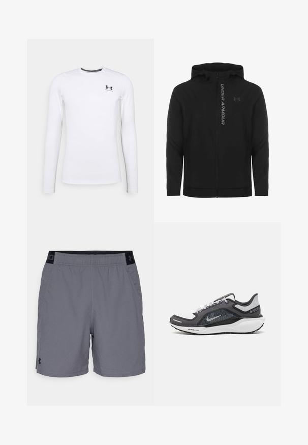 Čierna zipsová mikina s kapucňou vyrobená z jemného, ľahkého materiálu. Obsahuje reflexné logo "UNDER ARMOUR" a hladký povrch.; Biela športová košeľa s dlhým rukávom vyrobená z hladkej tkaniny, s kruhovým výstrihom a malým čiernym logom na hornej ľavej strane.; Šedé športovéšortky vyrobené z ľahkého materiálu, s elastickým pásom s čiernymi akcentmi a bočnými vreckami. Jednoduchý dizajn bez vzorov.; Čierna a sivá športová obuv s vrchnou časťou z priedušného materiálu, reflexné akcenty a biely medzipodrážka. Obsahuje štruktúrovanú gumovú podrážku a šnúrky.