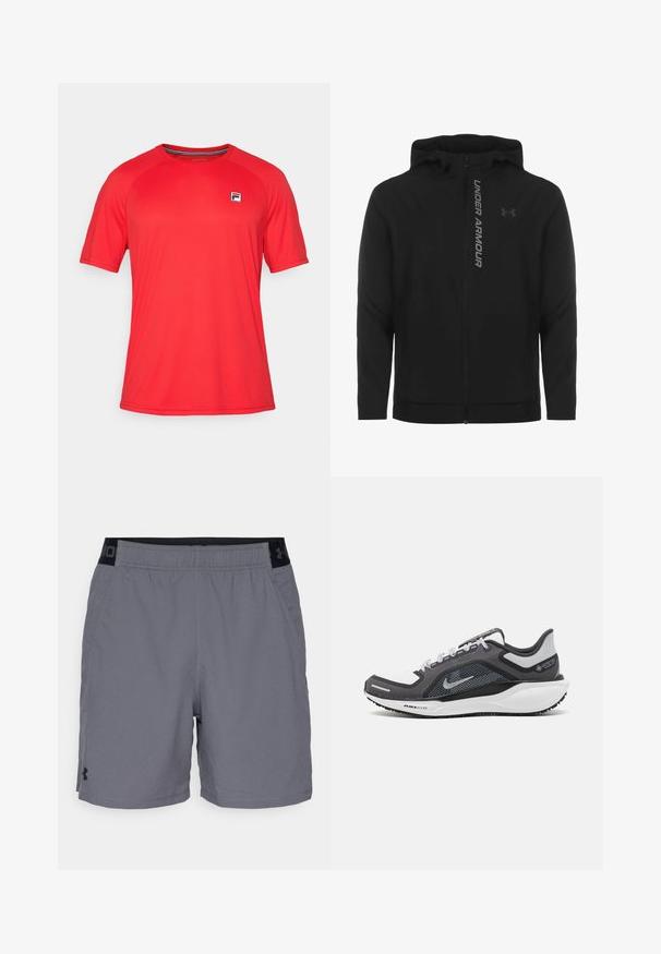 Chaqueta con capucha y cremallera negra hecha de material suave y ligero. Presenta un logotipo reflectante de "UNDER ARMOUR" y una textura lisa.; Camiseta atlética roja de manga corta hecha de un tejido ligero, con cuello redondo y un pequeño parche con logo en el lado izquierdo del pecho.; Pantalones cortos deportivos grises hechos de una tela ligera, con una cinturilla elástica con detalles en negro y bolsillos laterales. Diseño simple sin patrones.; Zapatilla deportiva negro y gris con parte superior de malla, acentos reflectantes y una entresuela blanca. Presenta una suela de goma texturizada y cordones.