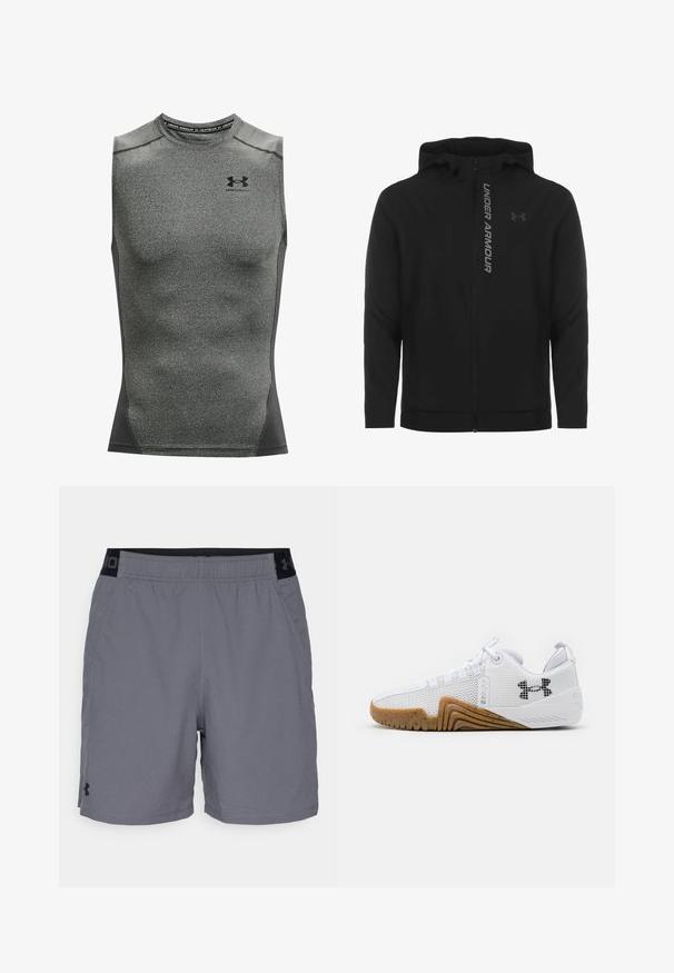 Musta vetoketjulla varustettu huppari, joka on valmistettu pehmeästä ja kevyestä materiaalista. Varustettu heijastavalla "UNDER ARMOUR" -logolla ja sileällä pinnalla.; Miesten hihaton urheilupaita, joka on valmistettu tummanharmaasta kosteudensäätelystä kankaasta. Paidassa on pyöreä kaula-aukko ja Under Armour -logo rinnassa.; Harmaat urheilu shortsit kevyestä kankaasta, joissa on joustava vyötärö mustilla yksityiskohdilla ja sivutaskut. Yksinkertainen muotoilu ilman kuvioita.; Valkoiset urheilukengät, joissa on verkkopinta, kumipohja gumminvärisenä, tekstiiliset yksityiskohdat ja musta logo sivussa.