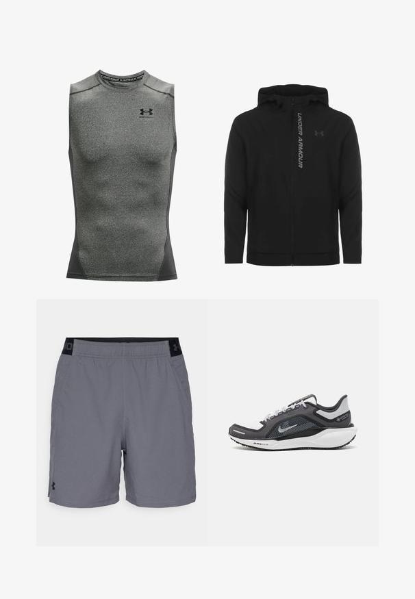 Czarna kurtka z kapturem zapinana na zamek, wykonana z miękkiego, lekkiego materiału. Posiada odblaskowe logo "UNDER ARMOUR" i gładką fakturę.; Męska bezrękawnik sportowy, wykonany z ciemnoszarego materiału odprowadzającego wilgoć, z okrągłym dekoltem i logo Under Armour na klatce piersiowej.; Szare spodenki sportowe z lekkiego materiału, z elastycznym pasem w czarnych akcentach i bocznymi kieszeniami. Prosty design bez wzorów.; Czarne i szare buty sportowe z siateczkową cholewką, odblaskowymi akcentami i białą podeszwą środkową. Posiadają teksturowaną gumową podeszwę i sznurowadła.