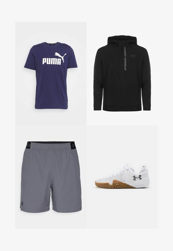 Must must erineva kapuutsiga jakk, mis on valmistatud pehmest ja kergest materjalist. Omab peegeldavat "UNDER ARMOUR" logo ja sujuvat tekstuuri.; Puma LOGO TEE - Trükipildiga T-särk - peacoat; Hallide hallid sportlikud lühikesed püksid kerge materjaliga, millel on elastne vöökohus mustade aktsentidega ja küljetaskud. Lihtne disain ilma mustriteta.; Valged sportlikud kingad, mis on varustatud võrgust pealsega, kummise välispõhjaga, millel on pruuni värvi tooni, tekstuursete detailidega ja must logoga külgedel.