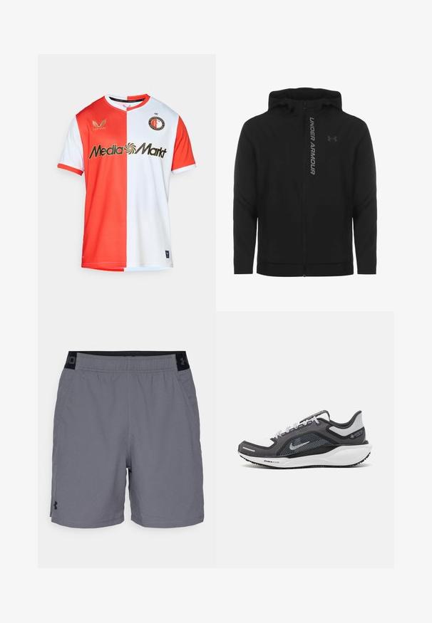 Musta vetoketjulla varustettu huppari, joka on valmistettu pehmeästä ja kevyestä materiaalista. Varustettu heijastavalla "UNDER ARMOUR" -logolla ja sileällä pinnalla.; Punainen ja valkoinen urheilupaita lyhyillä hihoilla, jossa on V-kaula-aukko, logo ja "Media Markt" -teksti kullassa. Valmistettu tekstuurista kankaasta.; Harmaat urheilu shortsit kevyestä kankaasta, joissa on joustava vyötärö mustilla yksityiskohdilla ja sivutaskut. Yksinkertainen muotoilu ilman kuvioita.; Musta ja harmaa urheilukenka, jossa on verkkopäällinen, heijastavat yksityiskohdat ja valkoinen välipohja. Varustettu kuvioidulla kumipohjalla ja nauhoilla.
