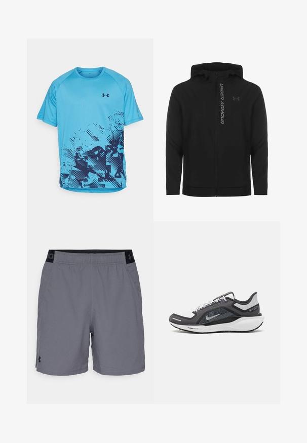 Giacca a zip nera con cappuccio realizzata in materiale morbido e leggero. Presenta il logo riflettente "UNDER ARMOUR" e una texture liscia.; Maglietta sportiva a maniche corte celeste con motivo astratto pixelato blu navy sulla parte inferiore anteriore e logo Under Armour sul petto.; Pantaloni sportivi grigi realizzati in tessuto leggero, con un elastico in vita con accenti neri e tasche laterali. Design semplice senza pattern.; Scarpa da ginnastica nera e grigia con tomaia in rete, dettagli riflettenti e intersuola bianca. Presenta una suola in gomma testurizzata e lacci.