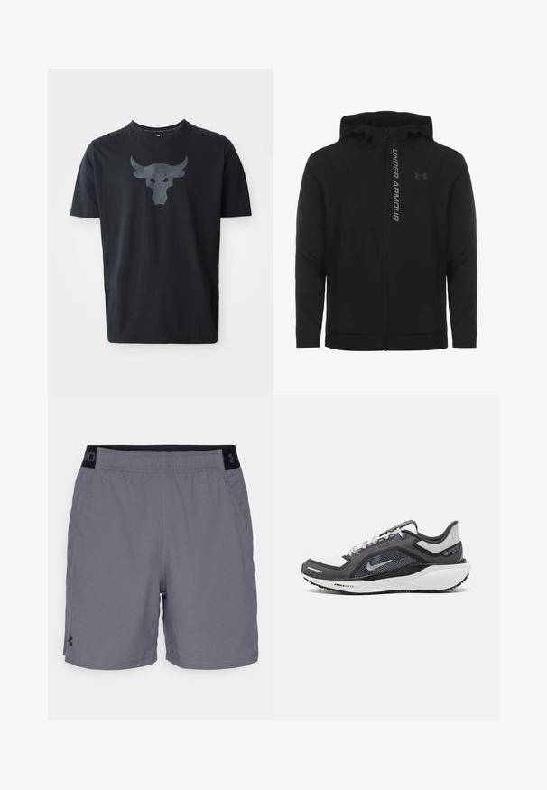 Black zip-up hooded jacket made of soft, lightweight material. Features reflective "UNDER ARMOUR" logo and a smooth texture.; Black short-sleeve t-shirt made of cotton, featuring a textured gray bull logo on the front. Crew neckline with reinforced stitching.; Gray athletic shorts made of lightweight fabric, featuring an elastic waistband with black accents and side pockets. Simple design with no patterns.; Black and gray athletic shoe with a mesh upper, reflective accents, and a white midsole. Features textured rubber outsole and laces.