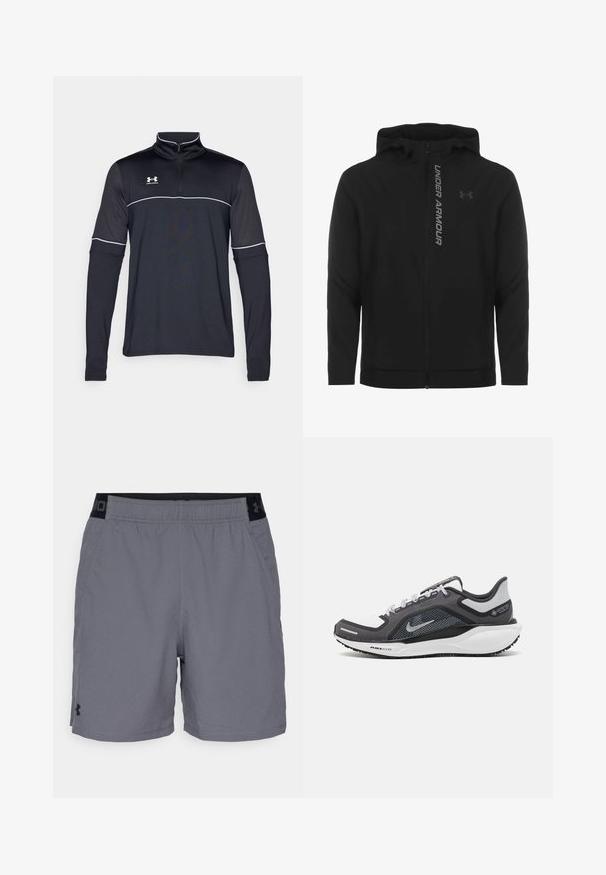 Černá zipová mikina s kapucí vyrobená z měkkého, lehkého materiálu. Obsahuje odrazový logo "UNDER ARMOUR" a hladkou texturu.; Černý dlouhý rukáv s možností zipu ve čtvrtině, bílými akcenty a logem Under Armour v levém horním rohu hrudi, vyrobený z hladkého a elastického materiálu.; Šedé sportovní šortky vyrobené z lehkého materiálu, s elastickým pasem a černými akcenty a bočními kapsami. Jednoduchý design bez vzorů.; Černá a šedá sportovní obuv s vrškem z prodyšné síťoviny, reflexními akcenty a bílou mezipodešví. Obsahuje texturovanou gumovou podrážku a tkaničky.