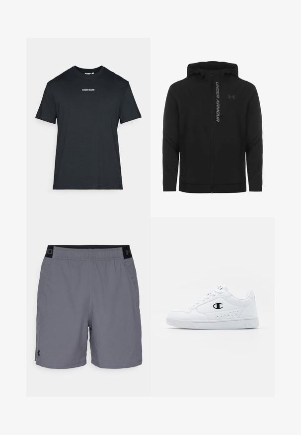 Black zip-up hooded jacket made of soft, lightweight material. Features reflective "UNDER ARMOUR" logo and a smooth texture.; Black short-sleeve t-shirt made of cotton with a crew neckline and a white "BJÖRN BORG" logo printed on the chest. Simple, sleek design.; Gray athletic shorts made of lightweight fabric, featuring an elastic waistband with black accents and side pockets. Simple design with no patterns.; White athletic sneakers with a smooth synthetic upper, black logo accent, and perforated detailing on the side. Rubber sole.