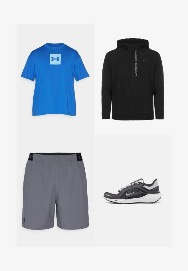 Juodas zip-up gobtuvu džemperis, pagamintas iš minkštos, lengvos medžiagos. Yra atspindintis "UNDER ARMOUR" logotipas ir glotni tekstūra.; Under Armour Heavyweight Oversized - Sportiniai marškinėliai trumpomis rankovėmis - tech blue/horizon blue; Pilki sportiniai šortai pagaminti iš lengvo audinio, su elastine juosta juodais akcentais ir šoninėmis kišenėmis. Paprastas dizainas be raštų.; Juodas ir pilkas sportinis batelis su tinkleliu viršuje, atspindinčiais akcentais ir balta vidurinė dalimi. Yra tekstūruota guminė išorinė pada ir raišteliai.