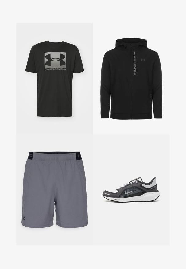 Juodas zip-up gobtuvu džemperis, pagamintas iš minkštos, lengvos medžiagos. Yra atspindintis "UNDER ARMOUR" logotipas ir glotni tekstūra.; Juoda medvilnė T-marškiniai trumpomis rankovėmis, su dideliu pilku Under Armour logo priekyje, lygiu paviršiumi ir apvaliu kaklu.; Pilki sportiniai šortai pagaminti iš lengvo audinio, su elastine juosta juodais akcentais ir šoninėmis kišenėmis. Paprastas dizainas be raštų.; Juodas ir pilkas sportinis batelis su tinkleliu viršuje, atspindinčiais akcentais ir balta vidurinė dalimi. Yra tekstūruota guminė išorinė pada ir raišteliai.
