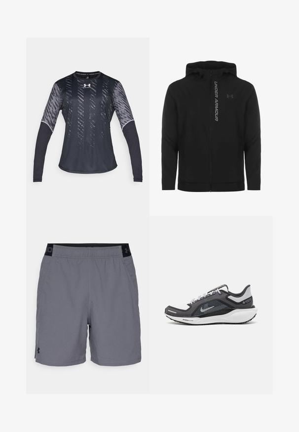 Schwarze, leichte Kapuzenjacke mit Reißverschluss aus weichem Material. Ausgestattet mit reflektierendem "UNDER ARMOUR"-Logo und einer glatten Struktur.; Langärmliges Sportshirt in Schwarz mit einem strukturierten grauen Muster und grauen Akzenten. Hergestellt aus leichtem, feuchtigkeitsableitendem Material.; Graue Sportshorts aus leichtem Material, mit einem elastischen Bund und schwarzen Akzenten sowie seitlichen Taschen. Einfaches Design ohne Muster.; Schwarzer und grauer Sportschuh mit einem Mesh-Obermaterial, reflektierenden Akzenten und einer weißen Zwischensohle. Verfügt über eine strukturierte Gummisohle und Schnürsenkel.